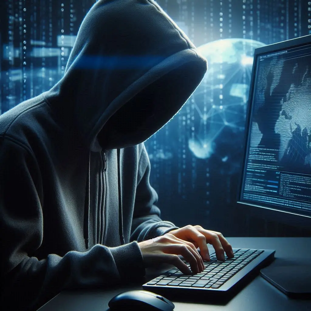 a hacker figure in a dark hoodie, symbolizing the threat of website hacking.