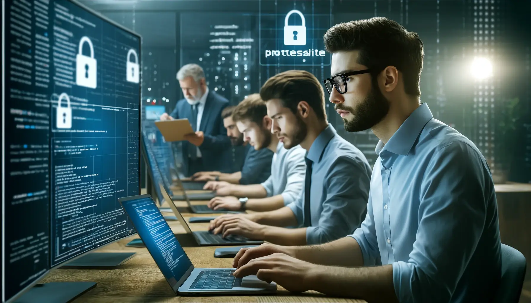 image depicting a team of male programmers focusing on cybersecurity, protecting websites.