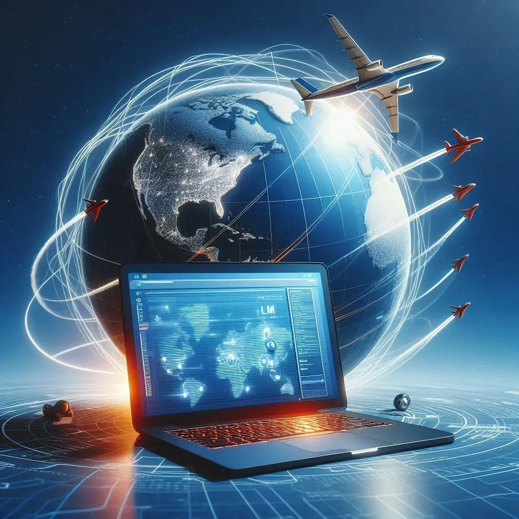 A globe with airplane trails connecting different continents, with a laptop featuring an LMS platform