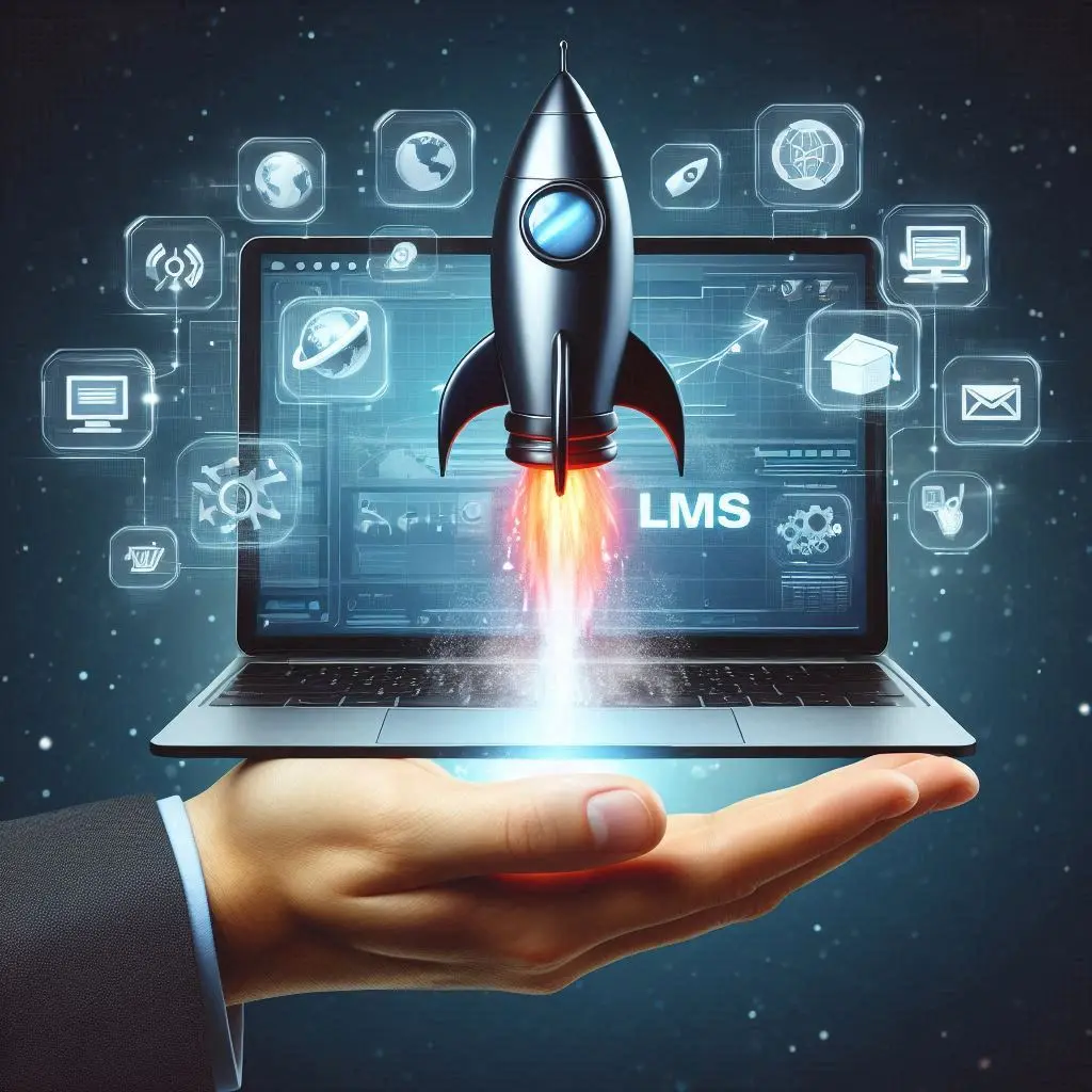 A hand holding a rocket launching from a laptop screen displaying an LMS interface, signifying efficient training delivery.