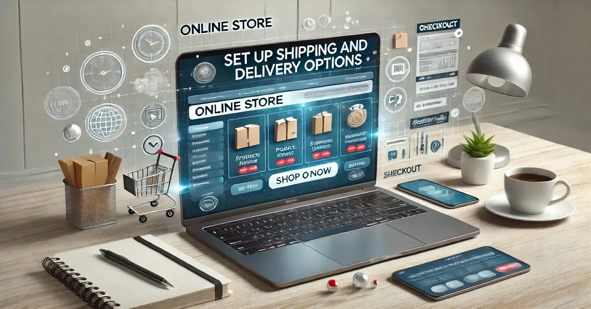 image showing an online store on a laptop placed on a desk with the text 'Set Up Shipping and Delivery Options' displayed prominentl