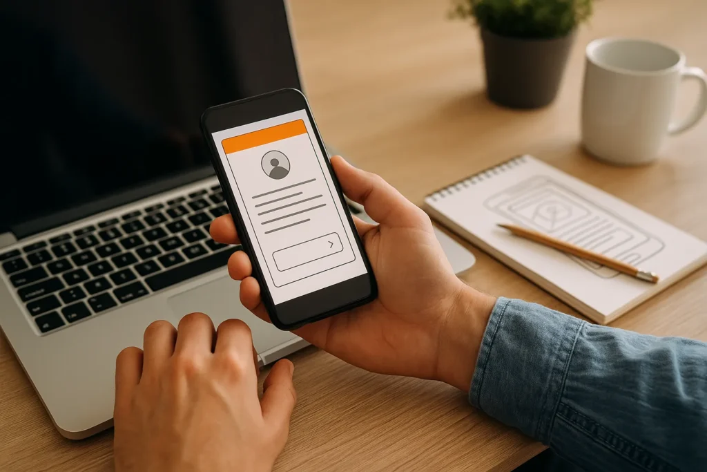 Een persoon houdt een smartphone vast waarop een app-prototype zichtbaar is, zittend aan een houten bureau met laptop, notitieblok en koffiemok