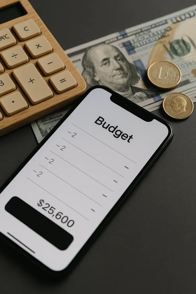 Smartphone met budgetplanner naast muntgeld en rekenmachine op bureau