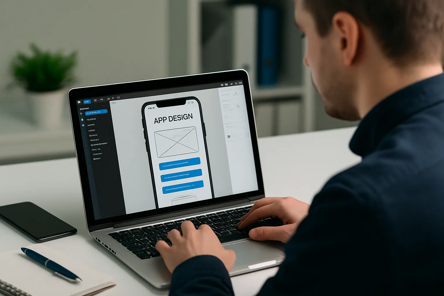 Man met laptop en tablet werkt aan app-ontwikkeling in een moderne kantooromgeving zonder zichtbare tekst in beeld