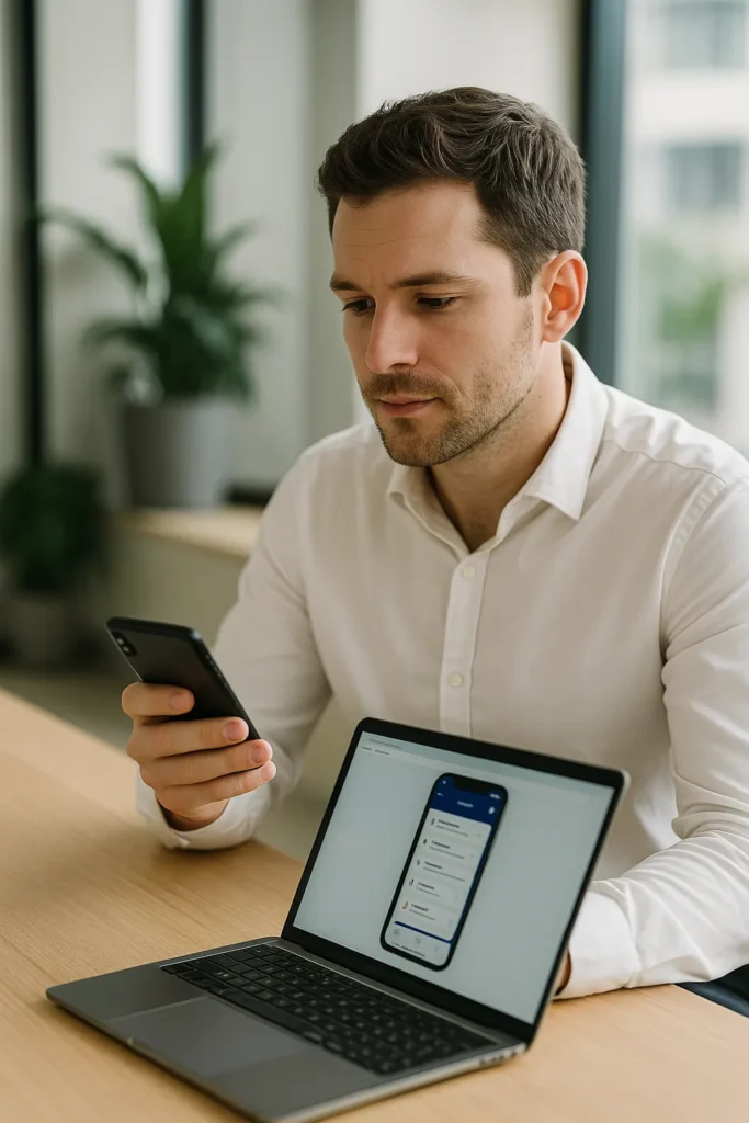 Een man in wit overhemd bekijkt zijn smartphone terwijl een laptop voor hem een app-interface toont, zittend in een modern kantoor