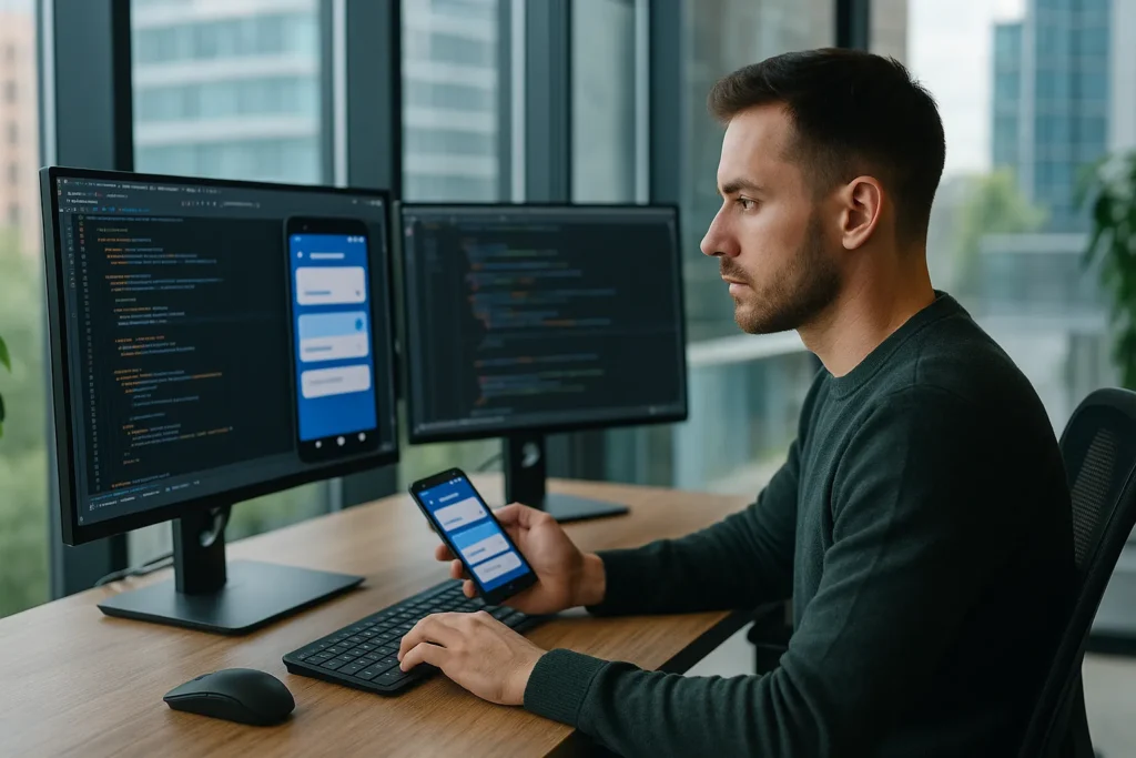 Een softwareontwikkelaar werkt geconcentreerd aan een app op twee beeldschermen met code en emulator, terwijl hij een smartphone in de hand houdt