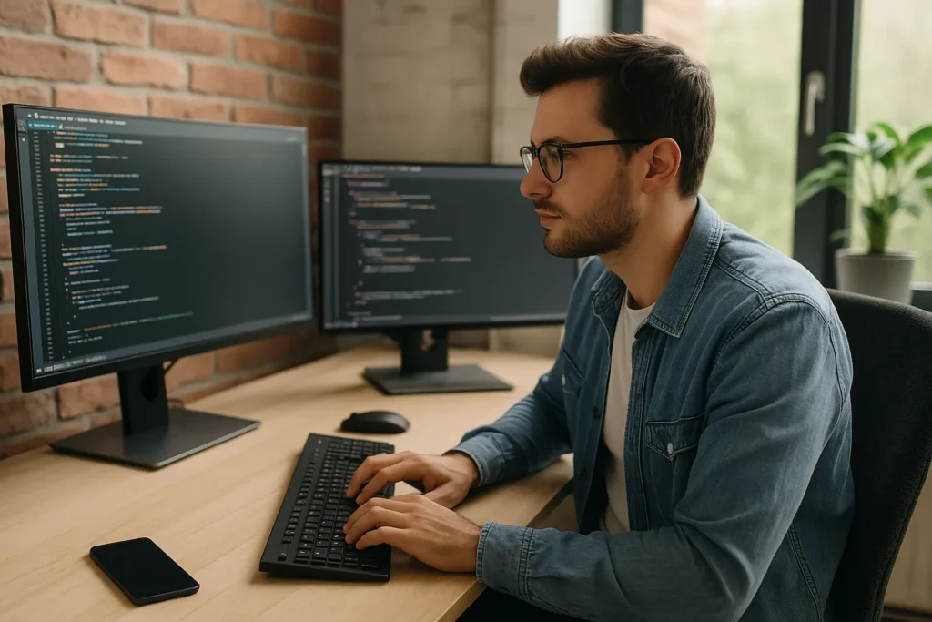 Een jonge programmeur werkt aan zijn bureau met twee grote schermen vol code, gefocust in een moderne en lichte kantoorruimte