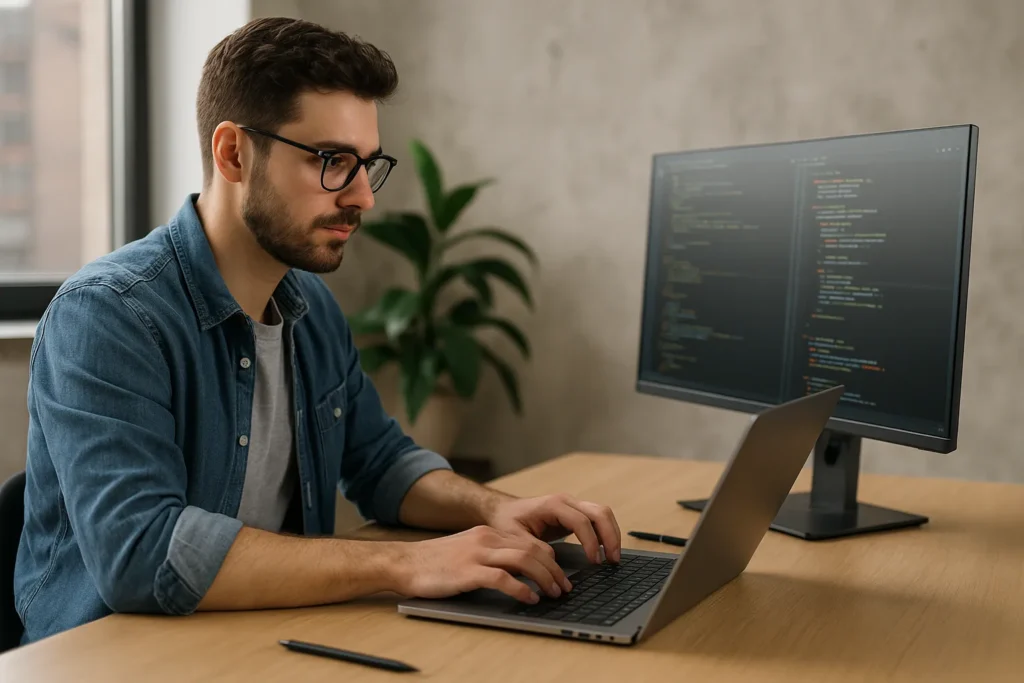 Een jonge programmeur werkt geconcentreerd op zijn laptop aan een bureau met een groot scherm vol programmeercode in een modern kantoor