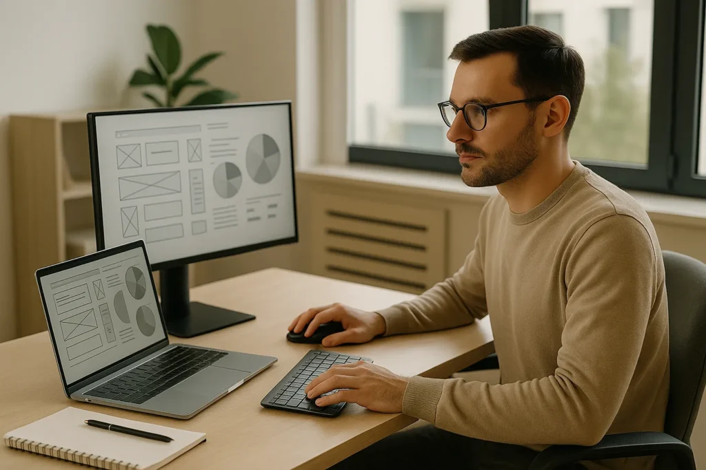 Een man werkt geconcentreerd aan wireframes en grafieken op twee schermen in een modern kantoor