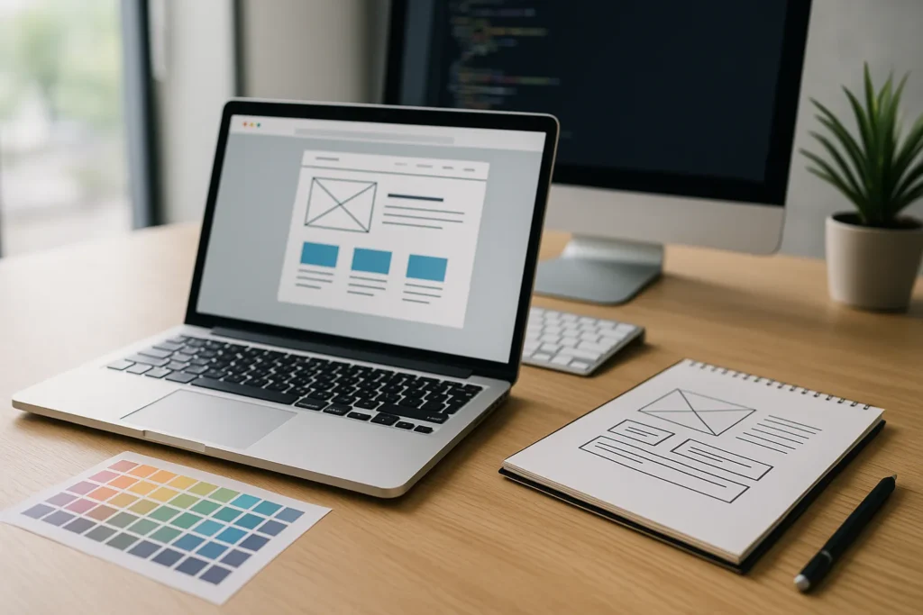 Een modern bureau met een open laptop waarop een wireframe van een website zichtbaar is, naast een notitieboek met handgetekende layouts en een kleurenschema