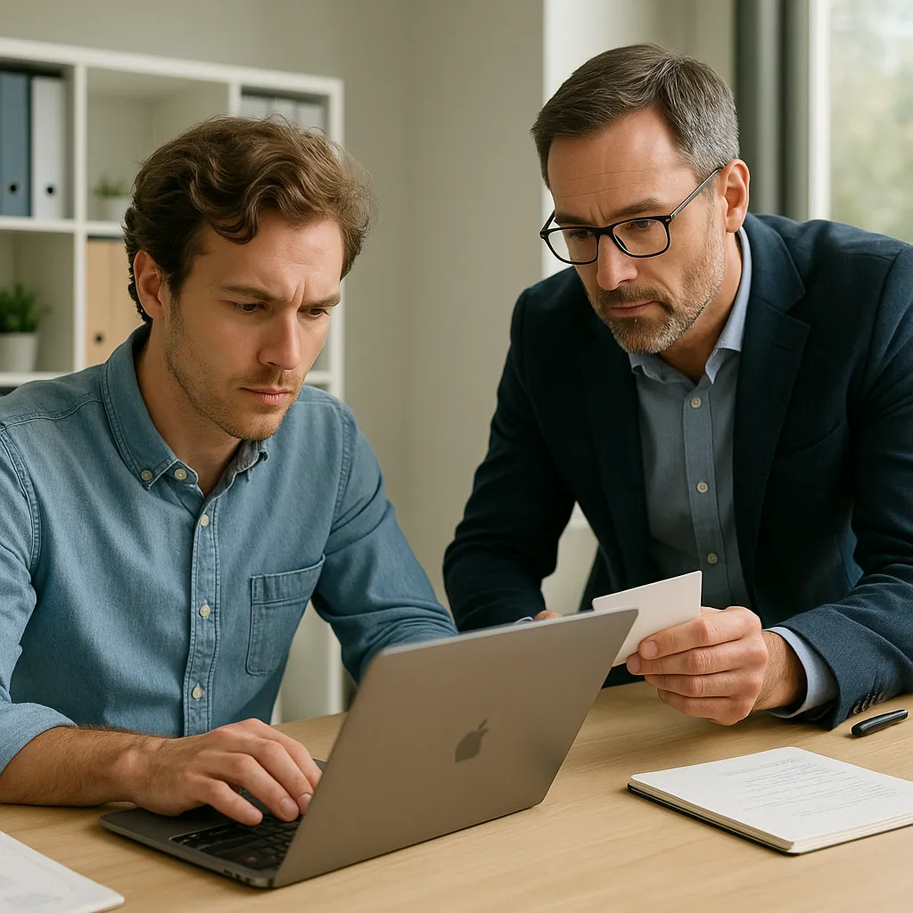 Twee mannen werken samen aan een laptop in een modern kantoor