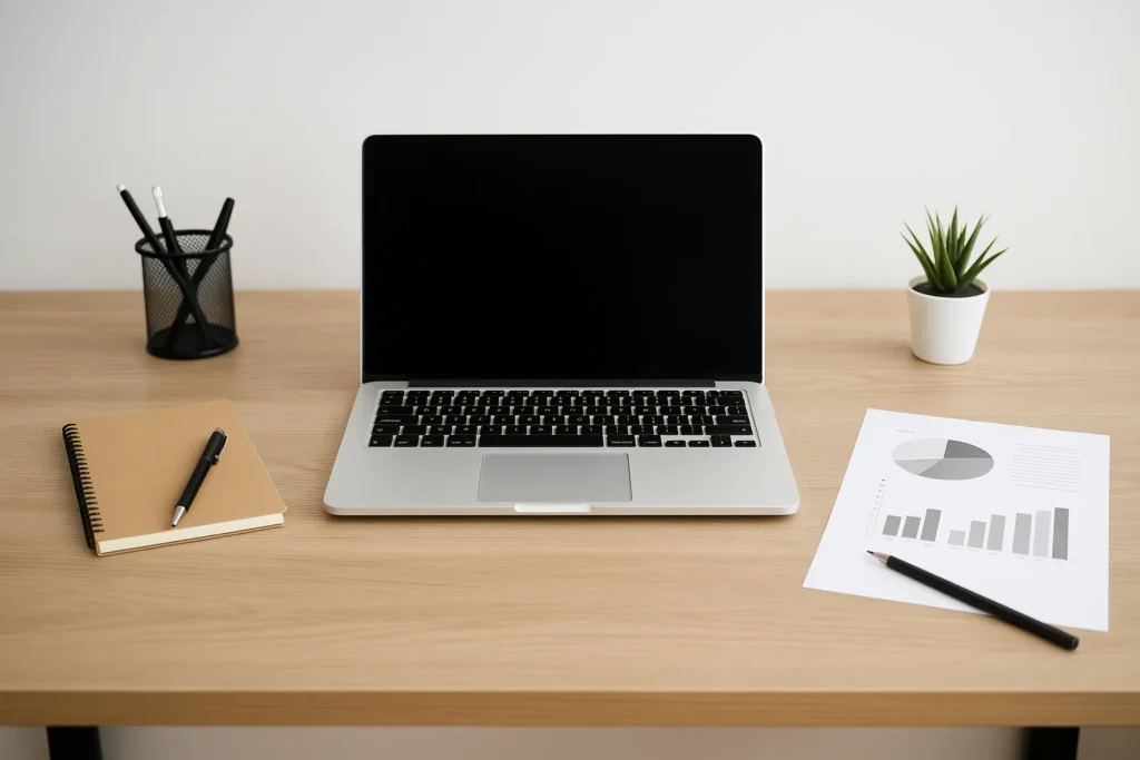 Opruimd bureau met gesloten laptop, notitieboek, grafiek en plantje in een lichte werkomgeving