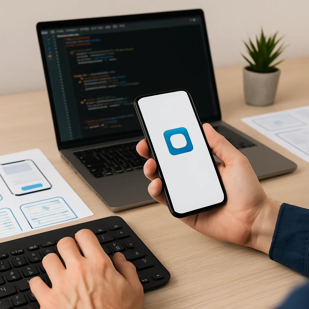 Een softwareontwikkelaar houdt een smartphone vast met een opstartend app-icoon zichtbaar, terwijl hij met de andere hand typt op een toetsenbord voor een laptop met programmeercode