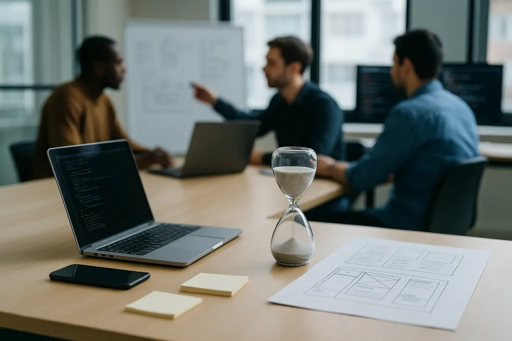Realistische foto van mannelijke developers bij een strak bureaulandschap met laptop, hourglass en wireframes symbool voor kosten en doorlooptijd van applicatie ontwikkeling