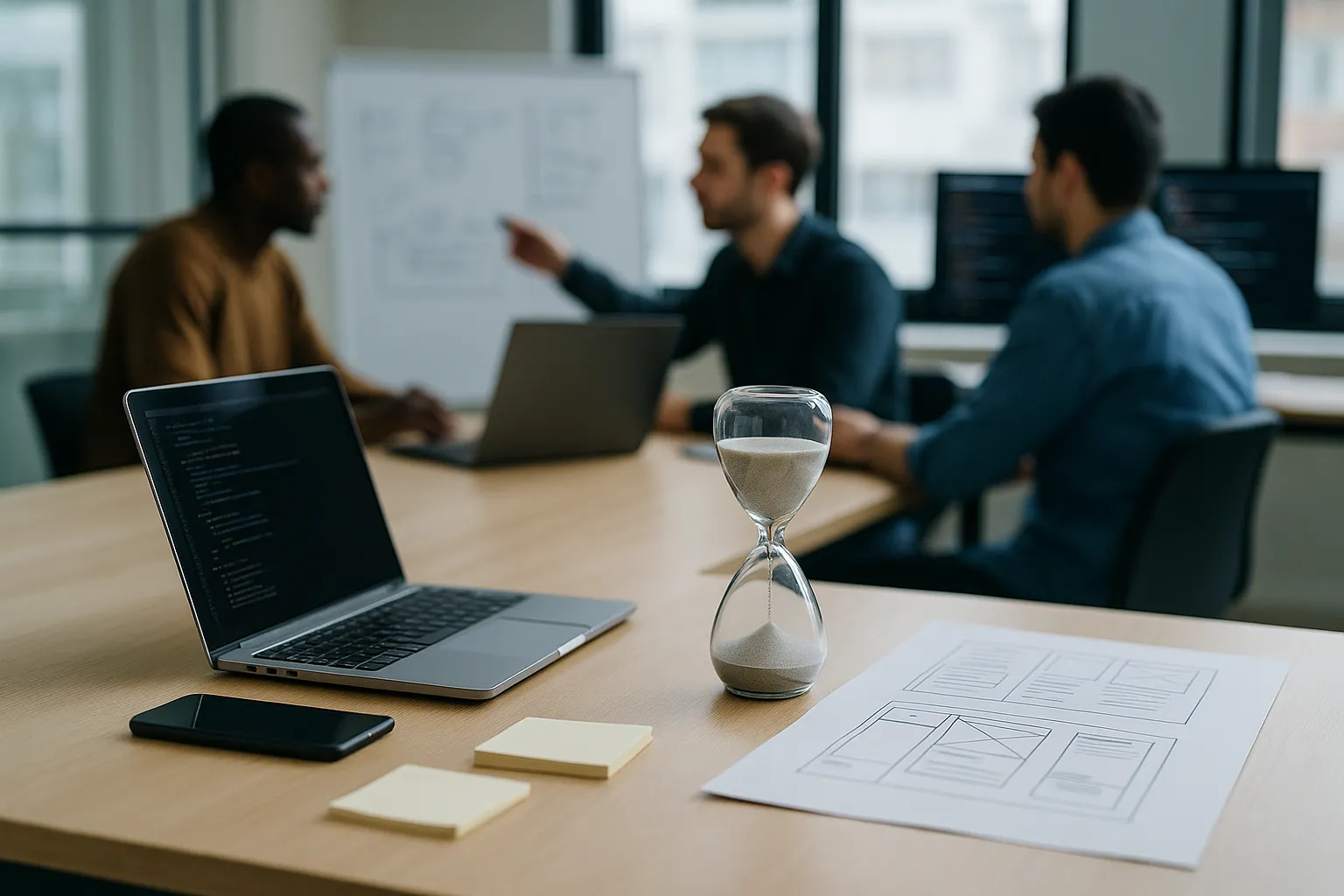 Realistische foto van mannelijke developers bij een strak bureaulandschap met laptop, hourglass en wireframes symbool voor kosten en doorlooptijd van applicatie ontwikkeling