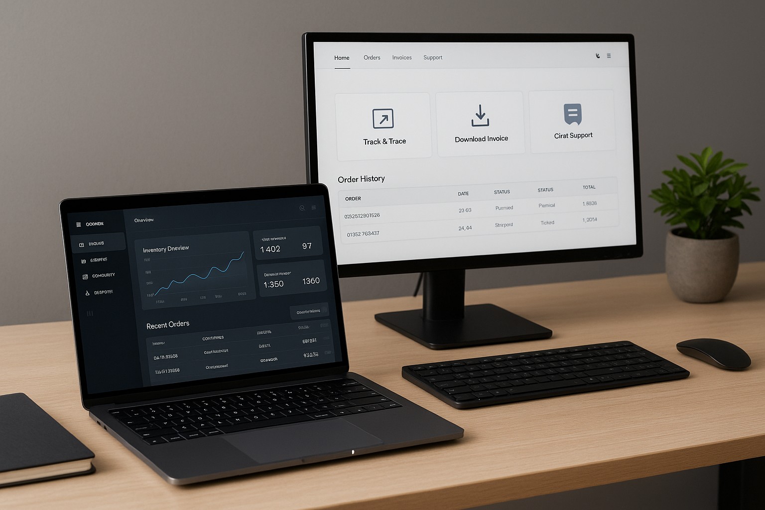 Een strak ingerichte werkplek met een laptop en beeldscherm waarop respectievelijk een intern dashboard en klantportaal te zien zijn, zonder zichtbare tekst