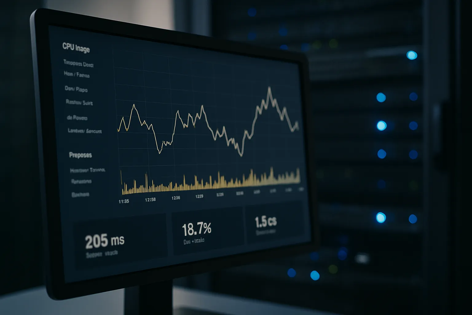 Monitor toont technische systeemgrafiek met CPU belasting, voor servermonitoring in datacenteromgeving