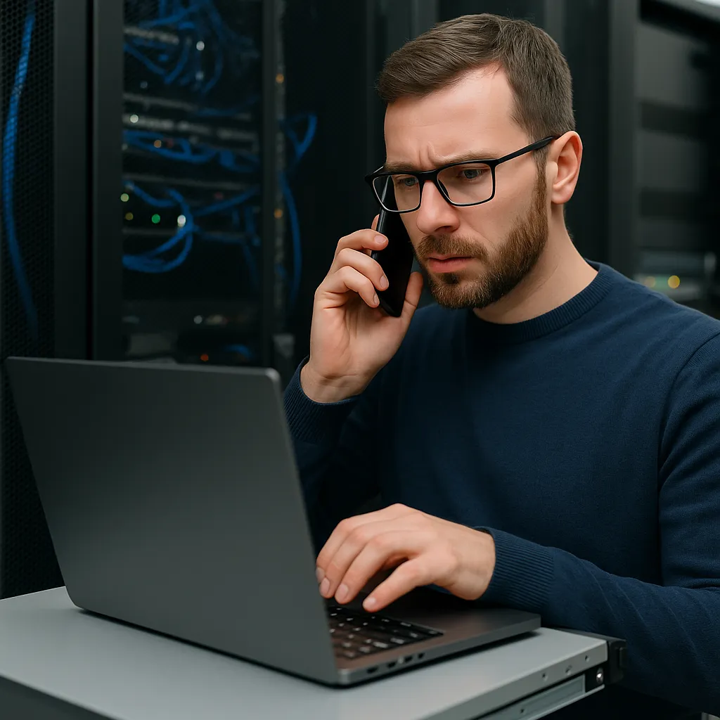 IT-specialist bekijkt foutmeldingen op meerdere beeldschermen in een moderne kantooromgeving