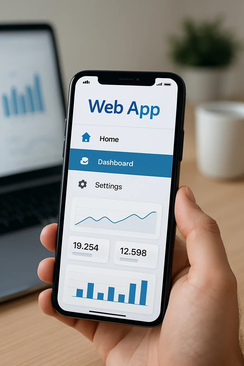 Smartphone met webapp-interface in moderne werkruimte met laptop en plant op achtergrond