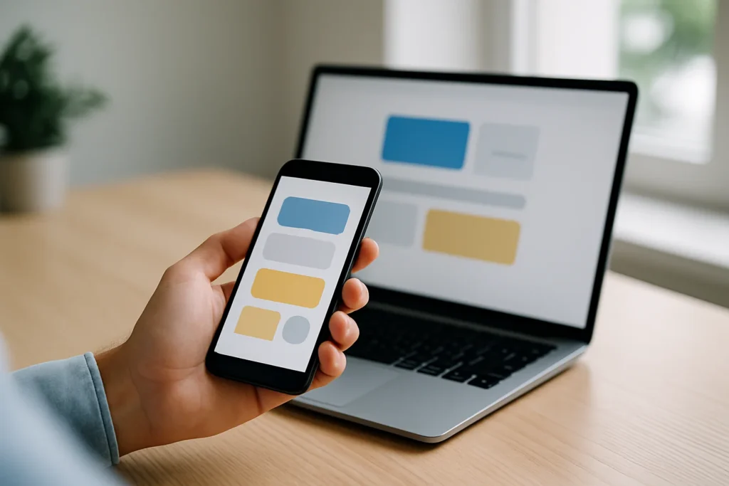 Persoon gebruikt webapp op smartphone; laptop toont dezelfde interface op een opgeruimd bureau, zonder zichtbare tekst