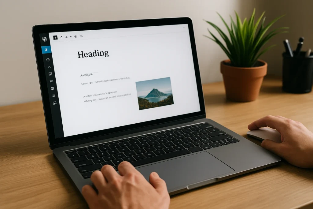 Een persoon werkt aan een laptop met WordPress-editor open op een houten bureau met plant en pennenhouder