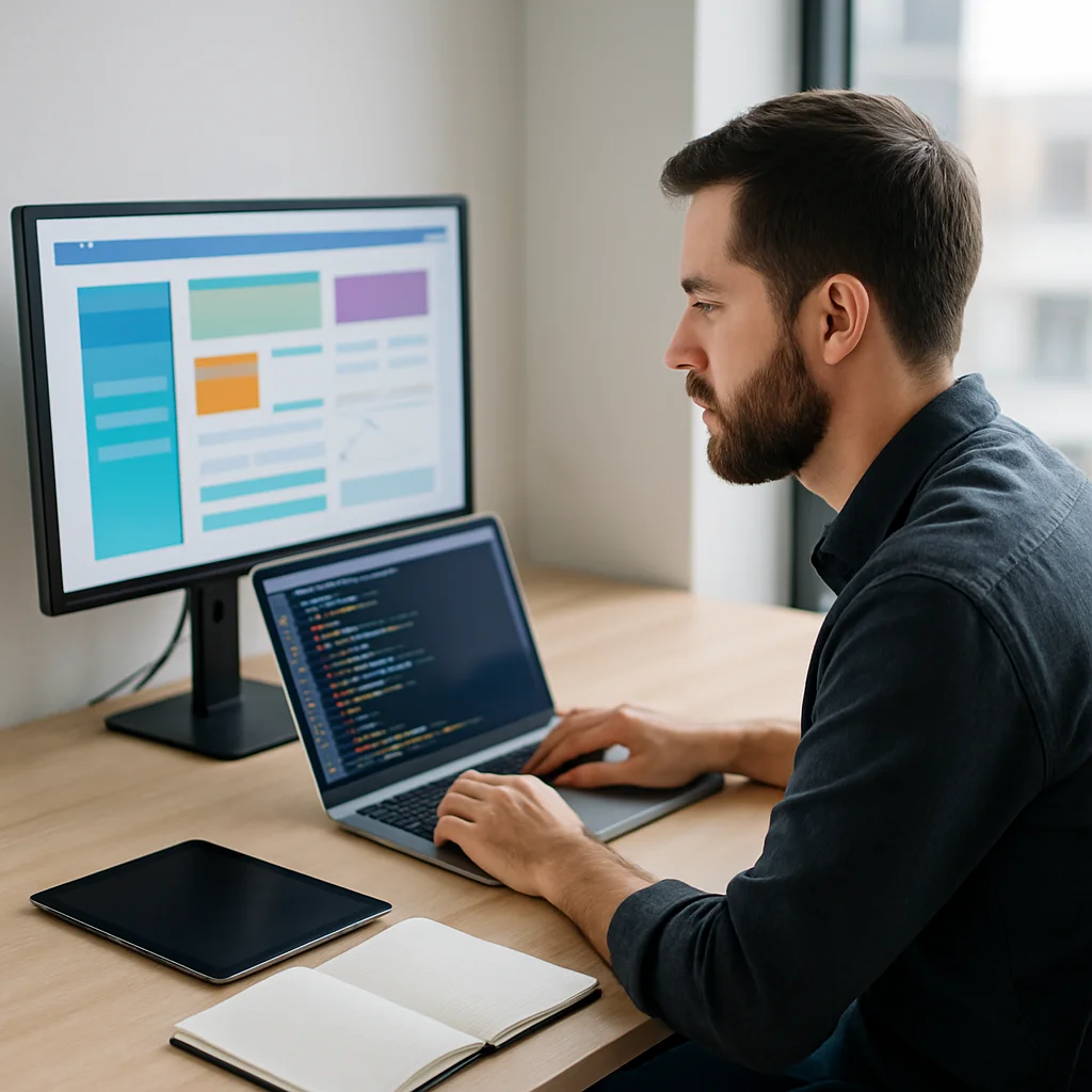 Manlijke webontwikkelaar bekijkt wireframes op monitor en codeert op laptop in moderne kantooromgeving, zonder zichtbare tekst