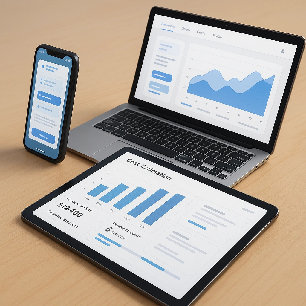 Drie digitale apparaten tonen interface voor app kostenberekening op strak bureau