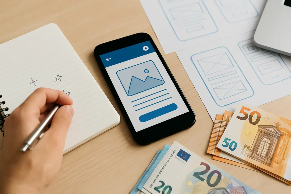Smartphone met wireframe-interface naast wireframeschetsen, notitieboekje en eurobiljetten op een houten bureau