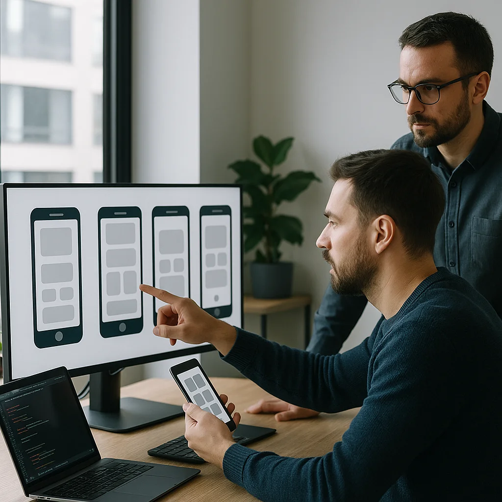 Twee mannelijke app ontwikkelaars analyseren mobiele wireframes op groot scherm en smartphone in moderne kantooromgeving, zonder zichtbare tekst