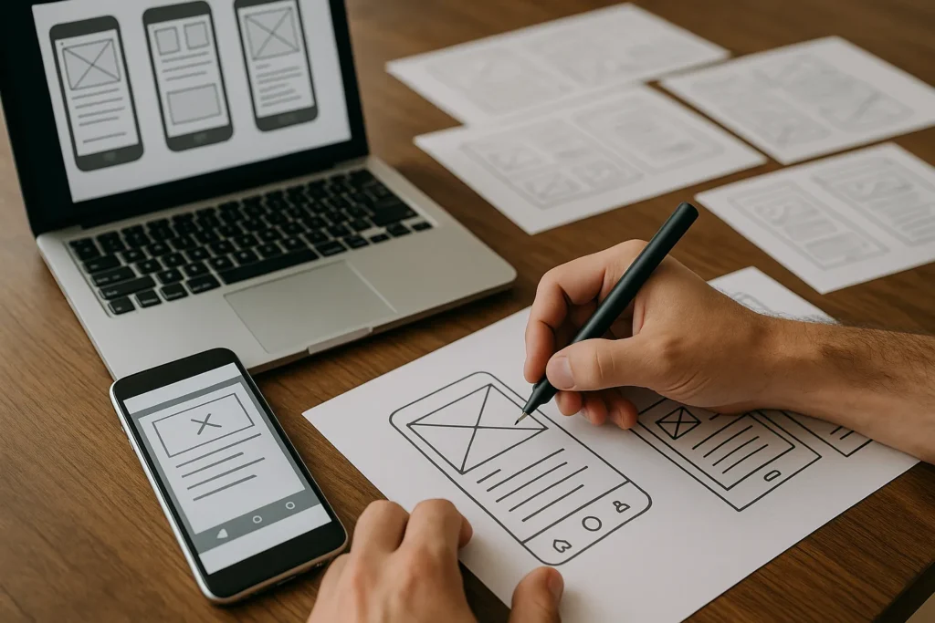 Ontwerp van mobiele app wireframes met smartphone, laptop en schetsen op houten bureau
