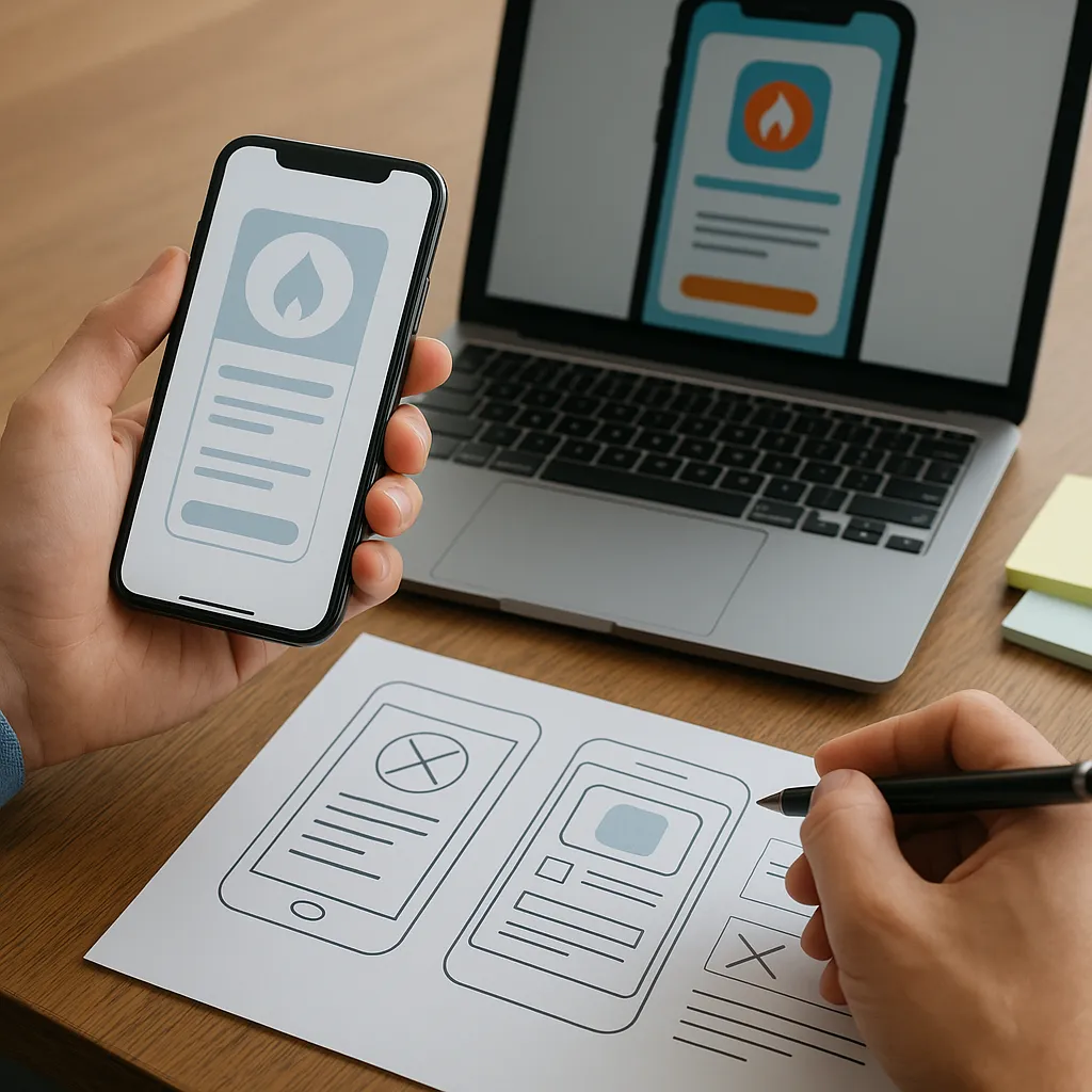 Ontwikkelaar werkt aan mobiele app met wireframes en laptop op houten bureau