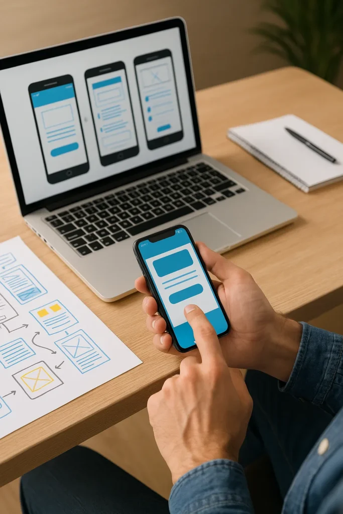 Ontwikkelaar test mobiele app op smartphone terwijl wireframes op laptop zichtbaar zijn