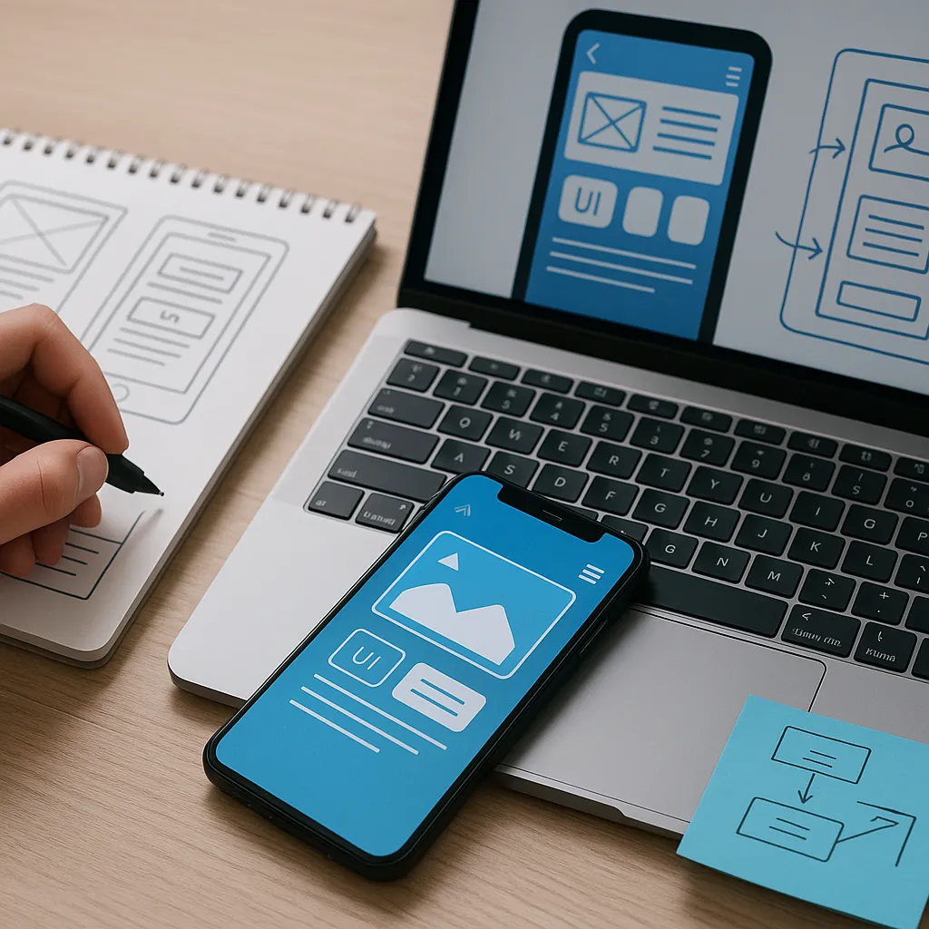 Werkplek met laptop, notitieboekje en smartphone tijdens het ontwerpen van een mobiele app