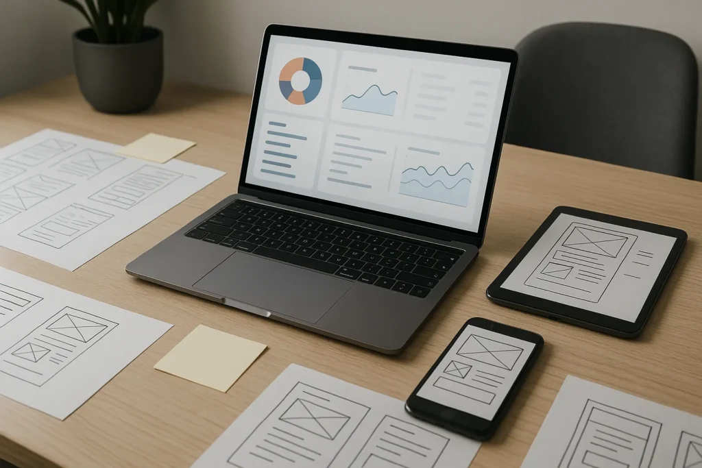 Modern bureau met laptop, wireframes en mobiele apparaten in de ontwerpfase van een digitale applicatie