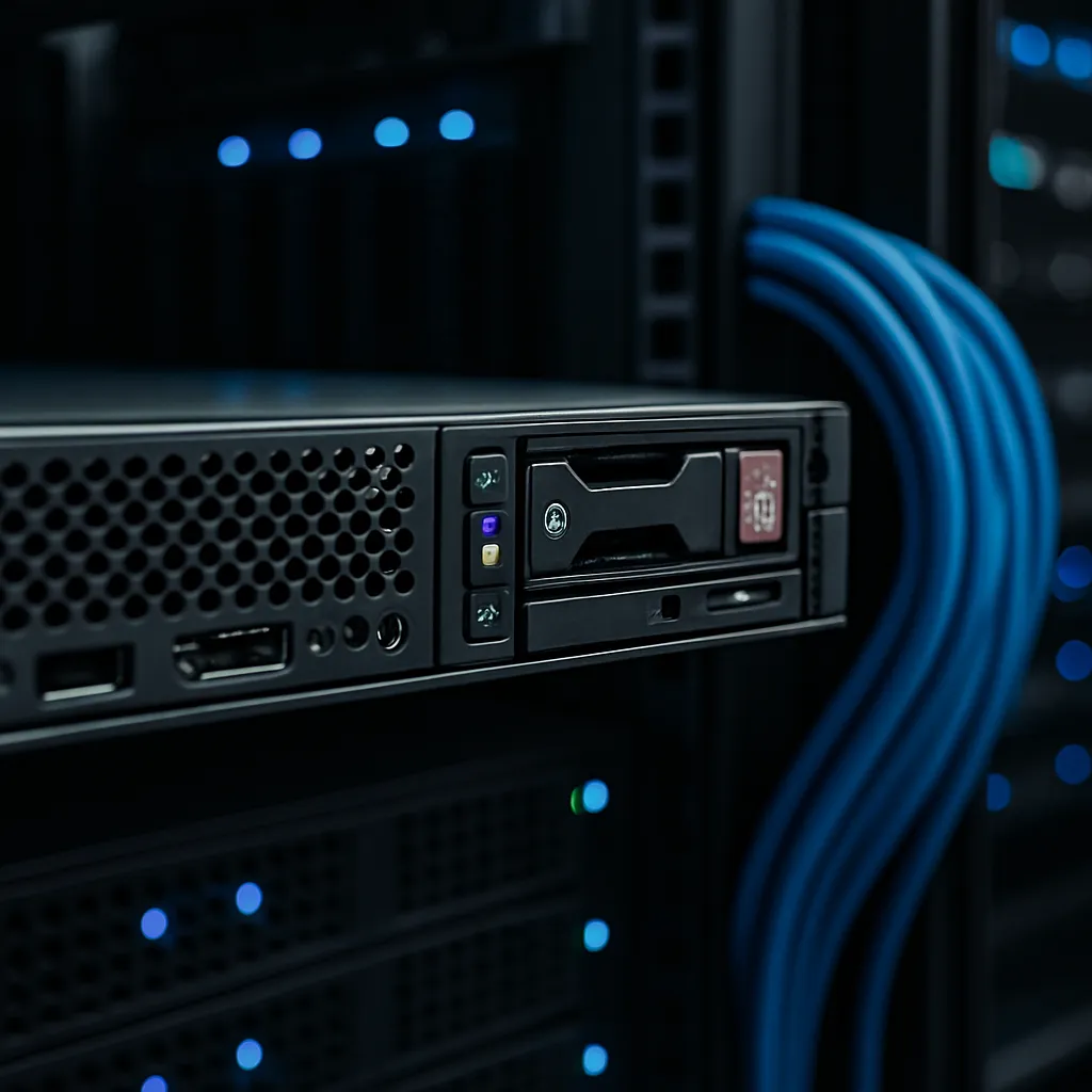 Close up van een dedicated server in een datacenter met blauwe netwerkbekabeling en SSD slot