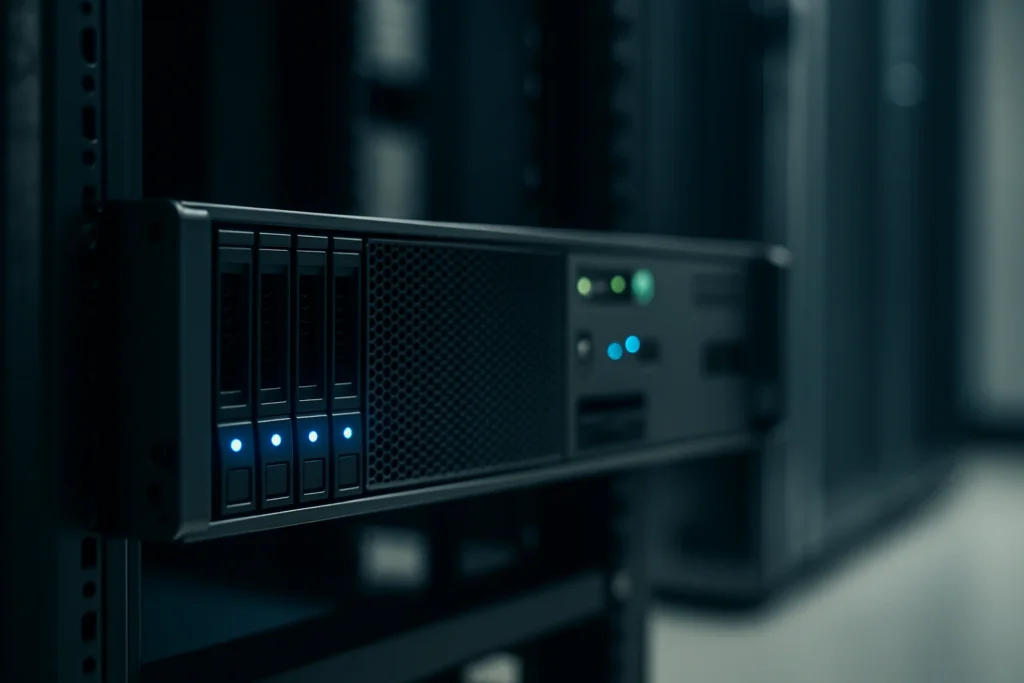 Een zwarte 1U rackmount server op een witte achtergrond zonder zichtbare tekst