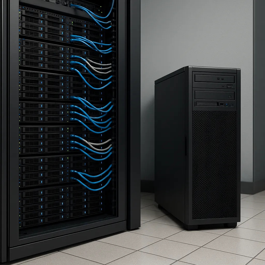Datacenter met links een gedeelde serverrack en rechts een enkele dedicated serverkast