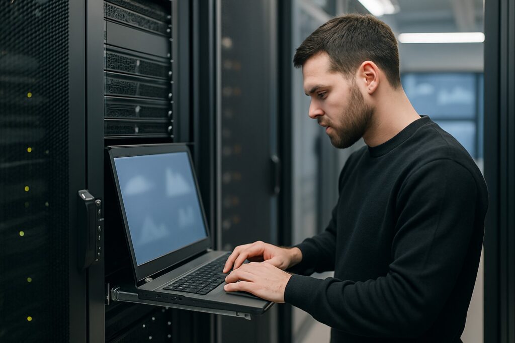 IT-technicus in datacenter werkt op laptop voor serverrack
