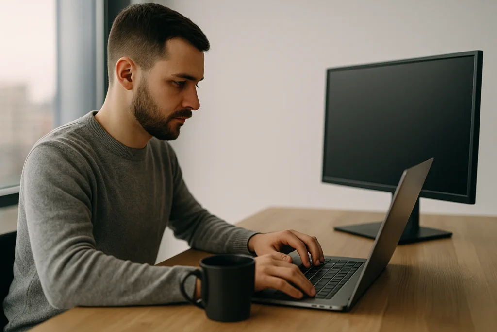 Softwareontwikkelaar berekent webapp-kosten op laptop in modern kantoor