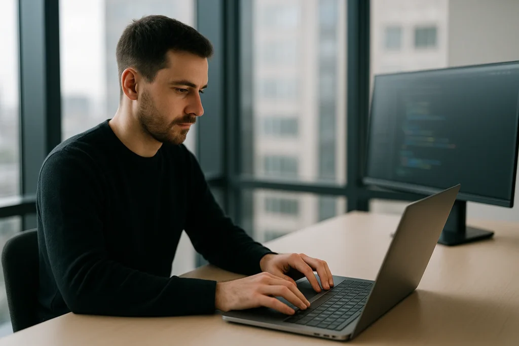 Manlijke software ontwikkelaar werkt geconcentreerd aan laptop in modern kantoor