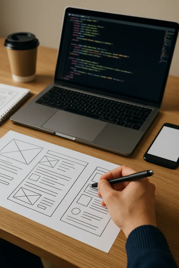 Laptop met code op scherm, hand tekent wireframes op papier in rustige werkomgeving