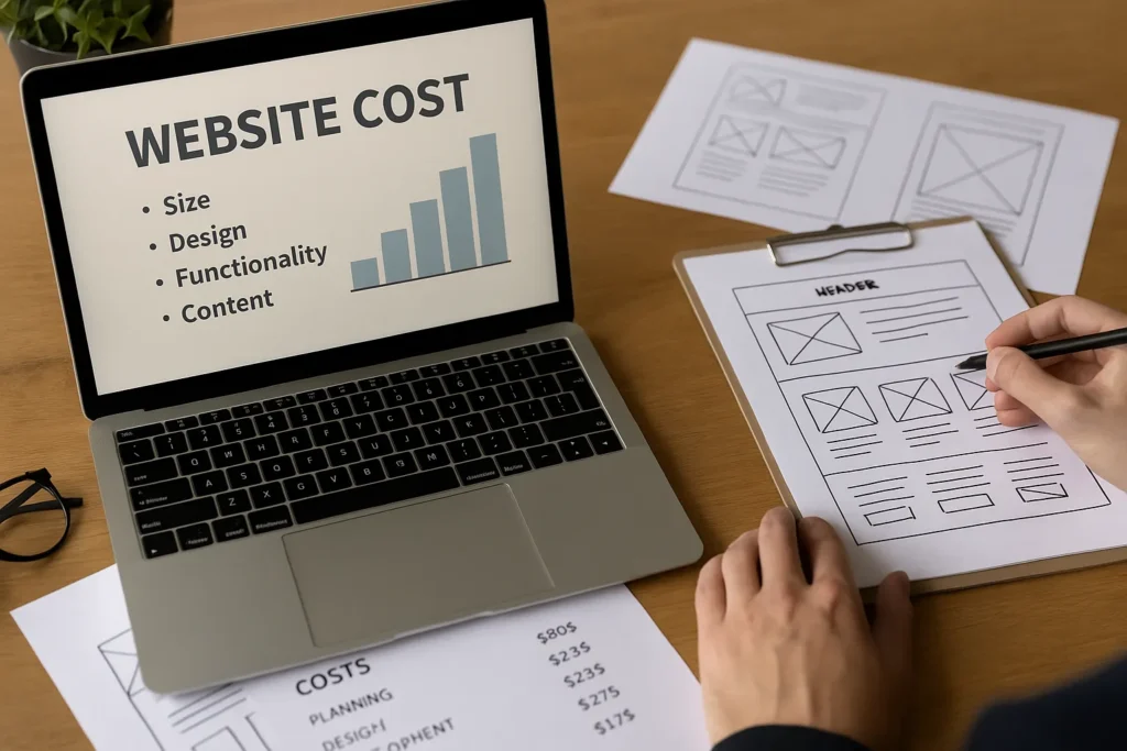 Een werkplek met laptop en wireframe-ontwerpen voor websiteontwikkeling, met notities over kosten en functies