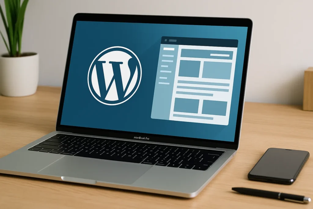 MacBook op houten bureau met WordPress-interface in moderne werkomgeving