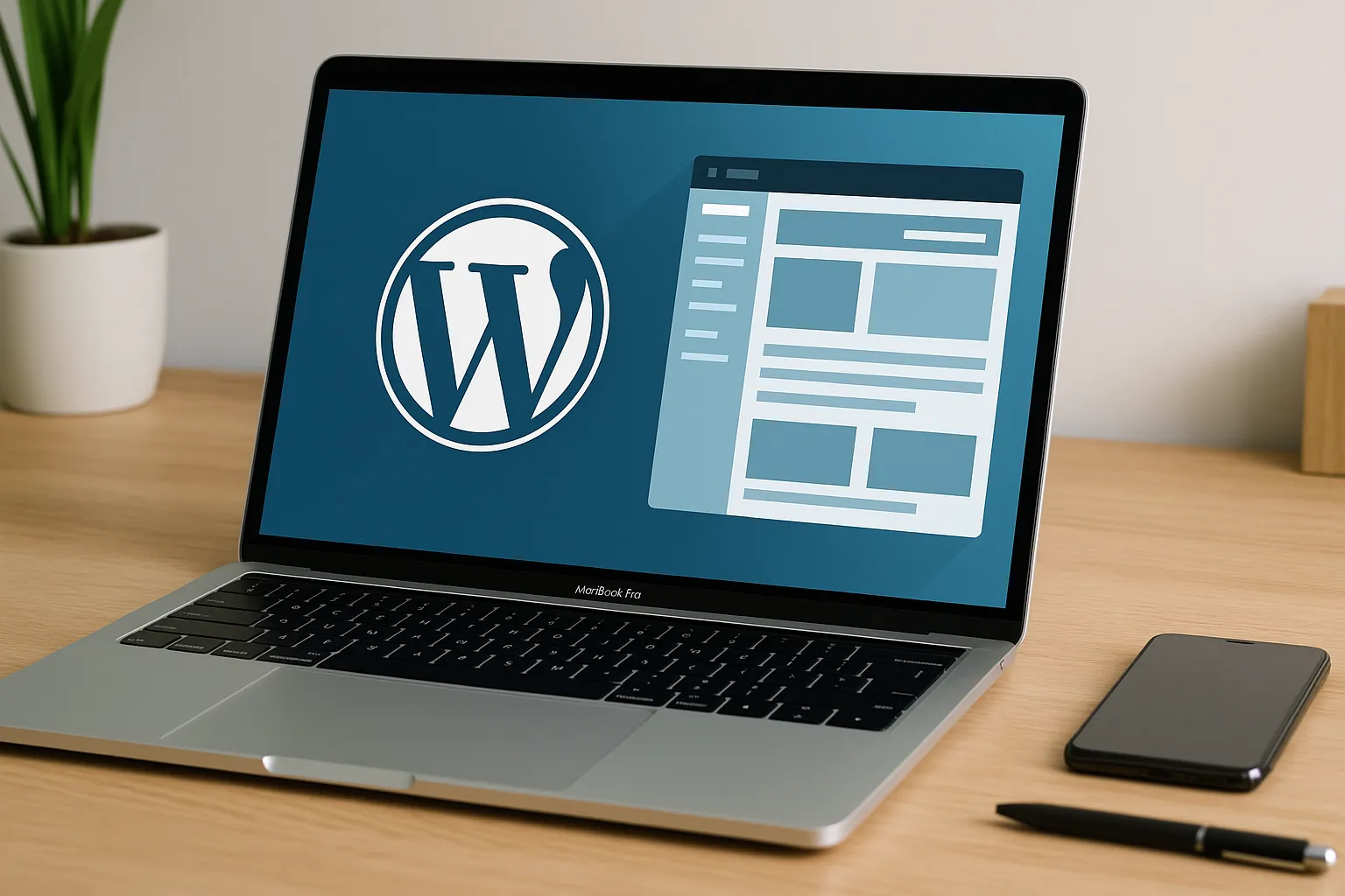 MacBook op houten bureau met WordPress-interface in moderne werkomgeving