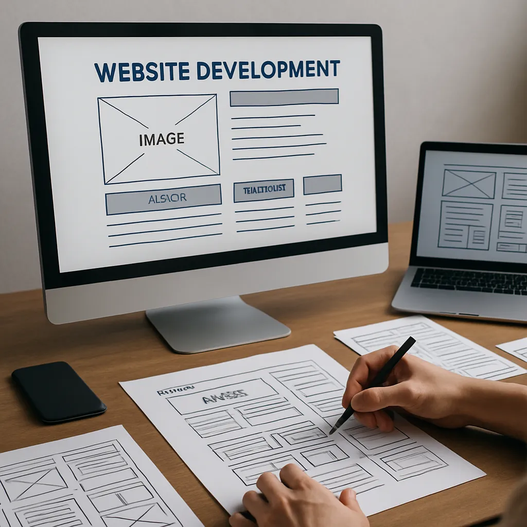 Werkplek met wireframe schetsen, desktop en laptop tijdens ontwikkeling van een website