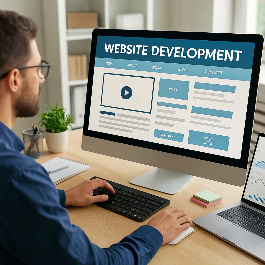 Man werkt aan websiteontwikkeling op een groot beeldscherm in moderne werkomgeving