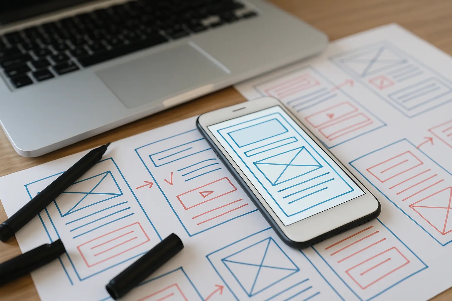 Een moderne werkplek met wireframes en smartphone-ontwerpen tijdens een MVP-ontwerpsessie