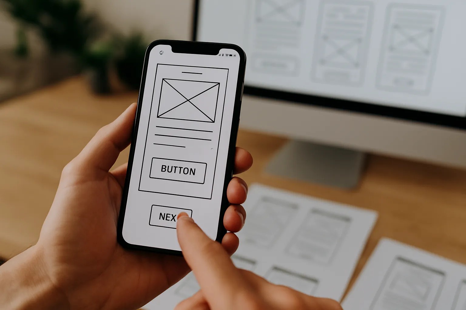 Een rechterhand bedient een touchscreen van een tablet met witte interface op een houten bureau
