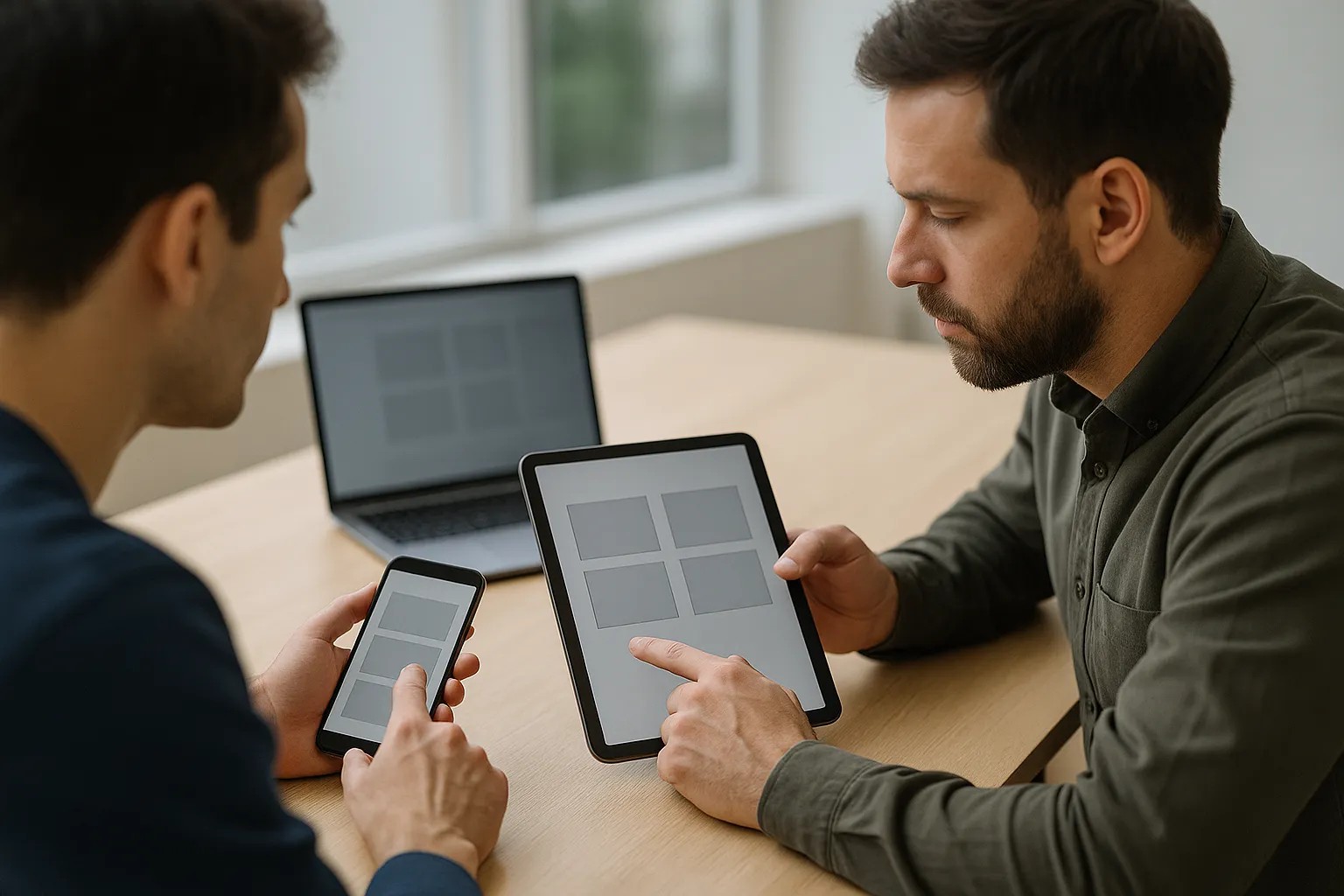 Twee mannelijke ontwikkelaars bespreken app-wireframes op tablet en smartphone in modern kantoor zonder zichtbare tekst