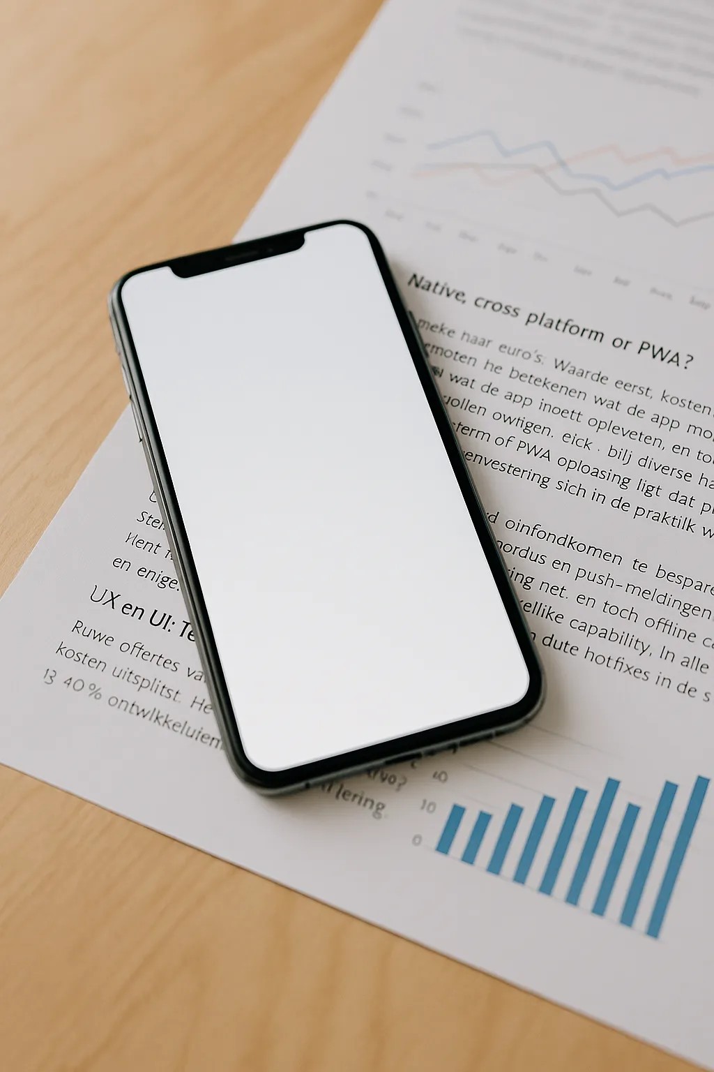 Smartphone op financiële documenten met grafieken, liggend op een houten bureau